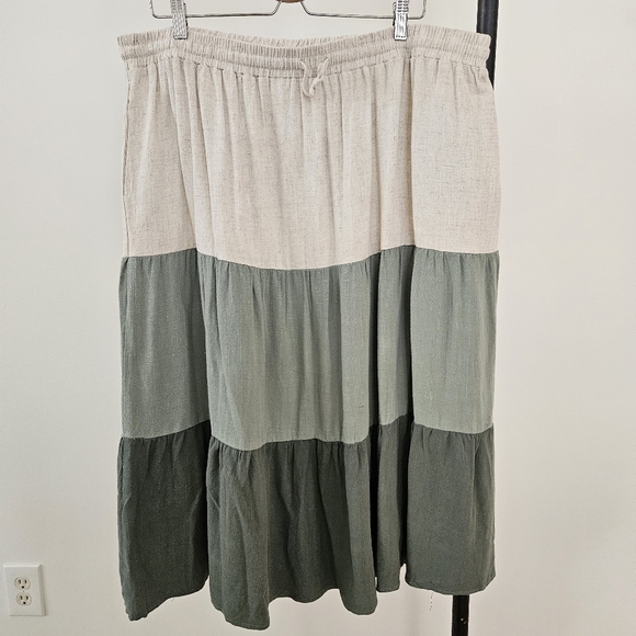 Ninexis Skirt 3X Plus Size Tiered Midi Green Cream Cotton & Linen Pockets NWT - Picture 5 of 12